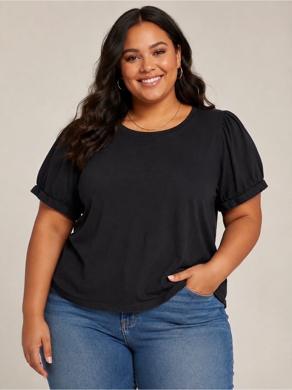 ELLA Rafaella Black Puff Sleeve Organic Cotton Top | Size 3X